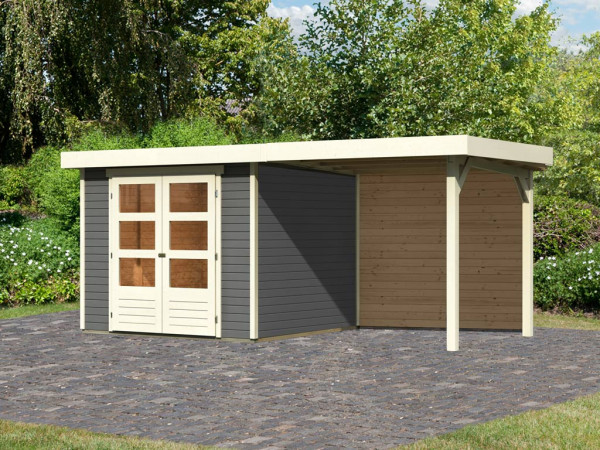 Tuinhuis SET Askola 3,5 19 mm terragrijs, incl. 2,4 m aanbouwdak + achterwand