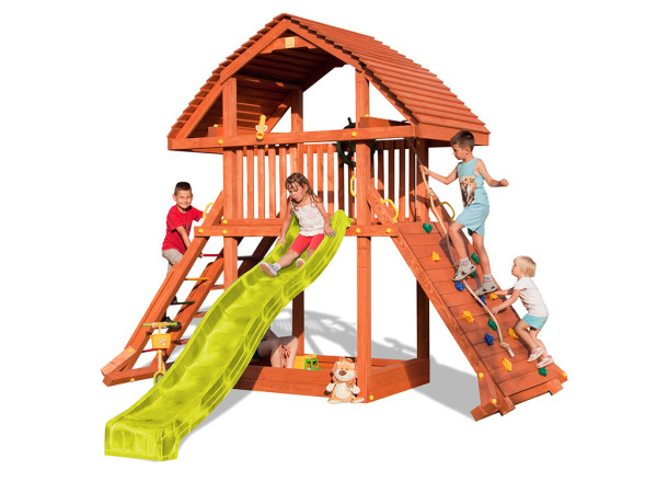 Speeltoren Giant teakkleurig incl. glijbaan groen