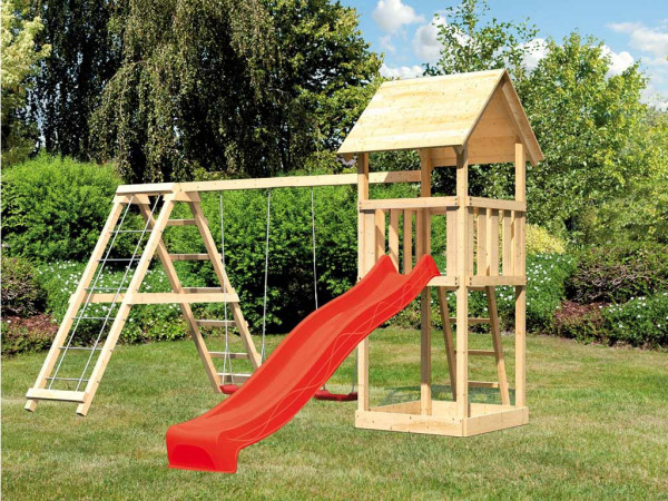 Speeltorenset Lotti naturel incl. glijbaan rood, schommel en klimrek