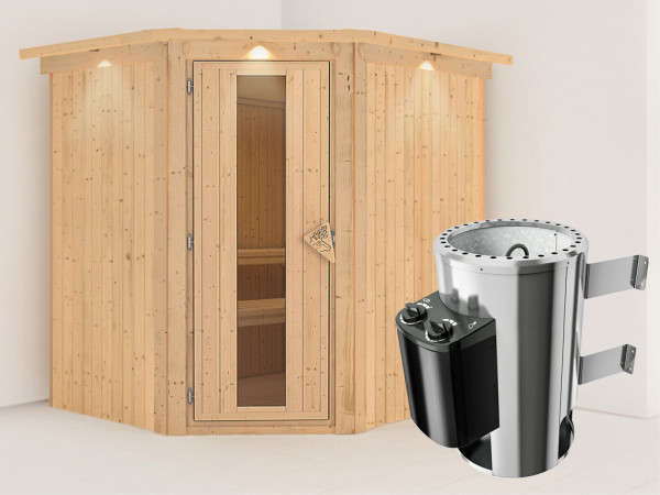 Systeemsauna Lilja met dakkraag, energiebesparende deur + Plug & Play saunakachel met besturing