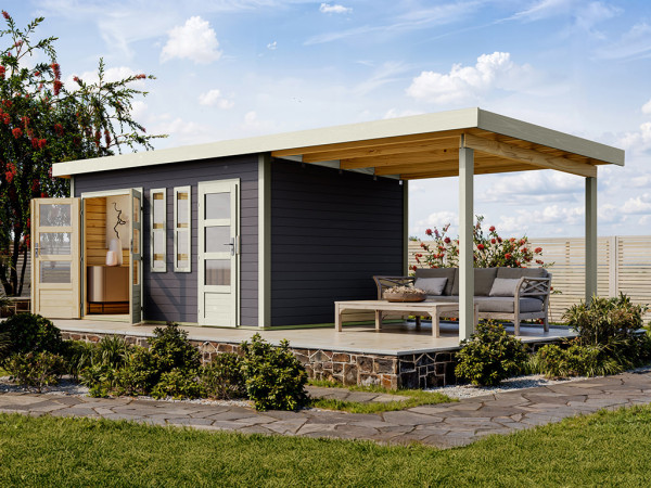 Tuinhuis Zweiraumhaus "Appelhorn" 28 mm terragrijs incl. 2,6 m aanbouwdak