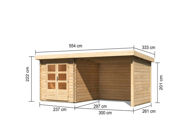 Blokhut tuinhuis SET Bastrup 4 28mm natuurlijke afwerking, incl. 3 m lessenaarsdak + zij--achterwand