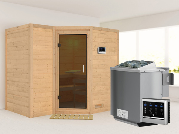 Massieve sauna Sahib 2 grafiet glazen deur, incl. 9 kW Bio-kachel ext. besturing