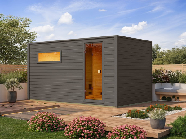 Tuinsauna Lenchen 6 terragrijs met voorruimte en gebronsde volledig glazen deur