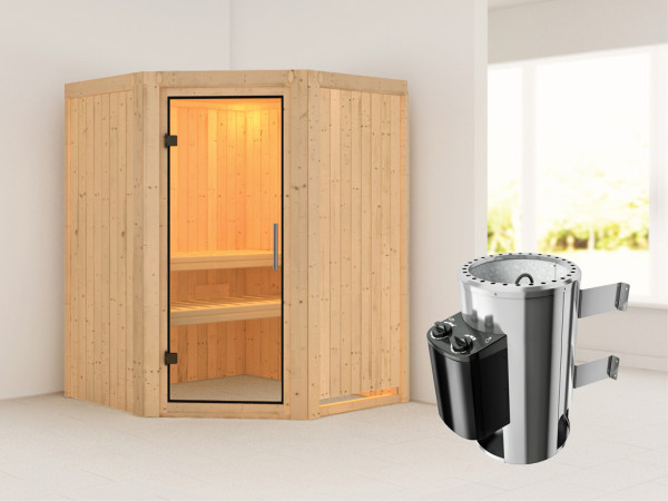 Systeemsauna Nanja transparent glazen deur + Plug & Play saunakachel met besturing