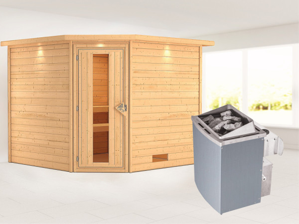 Massieve sauna Leona met dakkraag, energiebesparende deur + 9 kW saunakachel met besturing