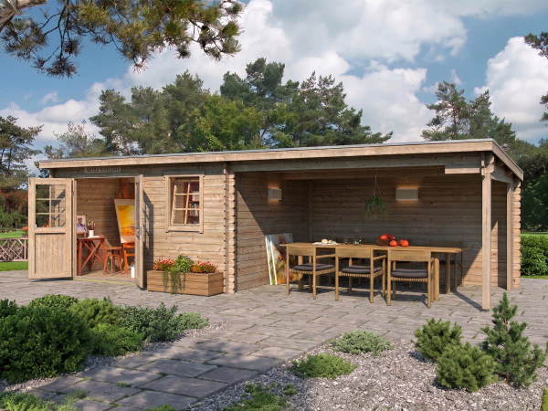 Tuinhuis blokhut Aida 800 28 mm onbehandeld met 3,8 m aanbouw