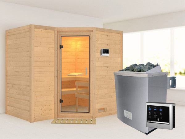 Massieve sauna Sahib 2 transparent glazen deur + 9 kW saunakachel met ext.besturing