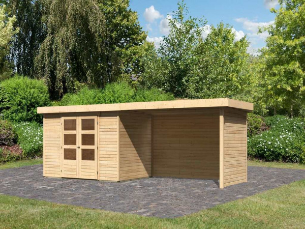 Tuinhuisje SET Askola 4 19 mm natuurlijke afwerking, incl. 2,8 m aangebouwd dak + zij- en achterwand