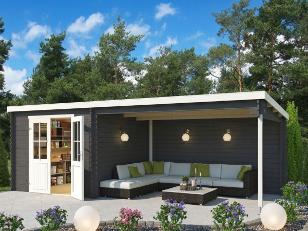 Blokhut St. Louis Exclusief 28 mm carbongrijs met 4 m aanbouw