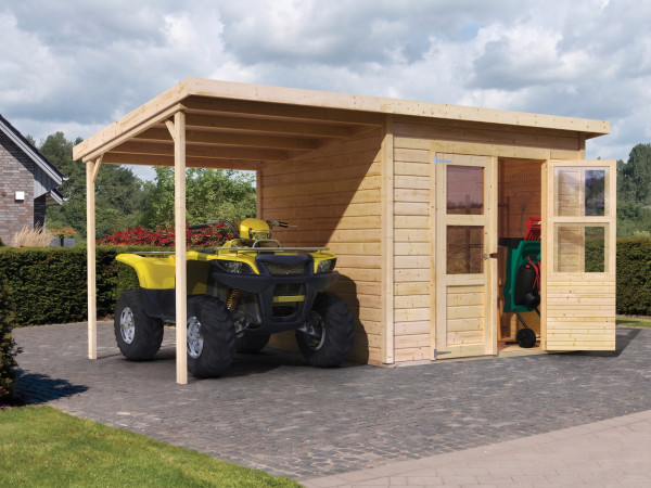 Gereedschapshuisje Merseburg 4 incl. 166 cm aanbouwdak ECO 14 mm onbehandeld