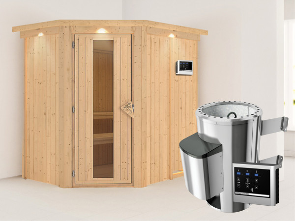 Systeemsauna Saja met dakkraag, energiebesparende deur + Plug & Play saunakachel met ext.besturing