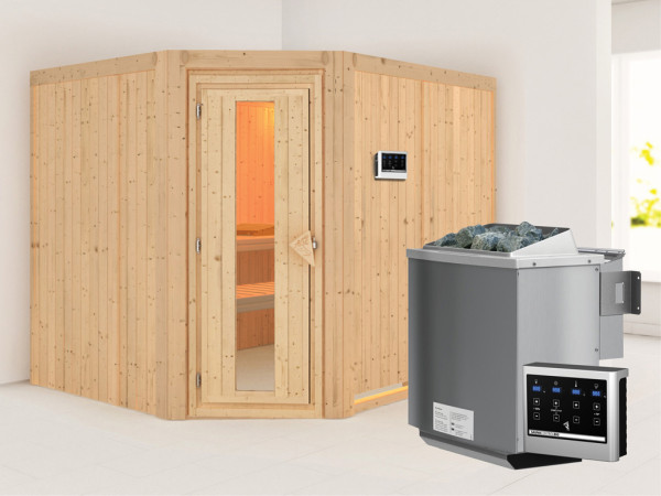 Systeemsauna Malin houten deur met geïsoleerd glas, incl. 9 kW Bio-Combi-kachel ext. besturing