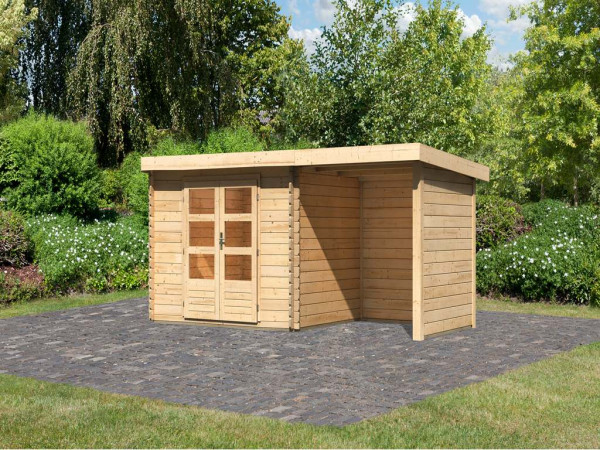 Blokhut tuinhuis SET Bastrup 3 28mm natuurlijke afwerking, incl. 2 m aangebouwd dak +zij-/achterwand
