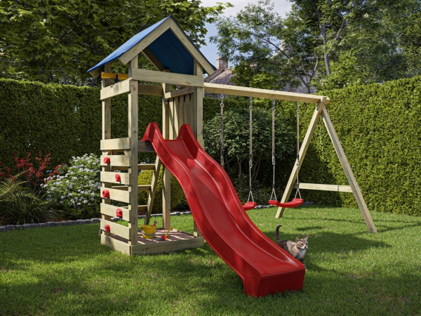 Geïmpregneerde speeltoren Easy incl. dubbele schommel incl. rode glijbaan en rode schommelzitjes
