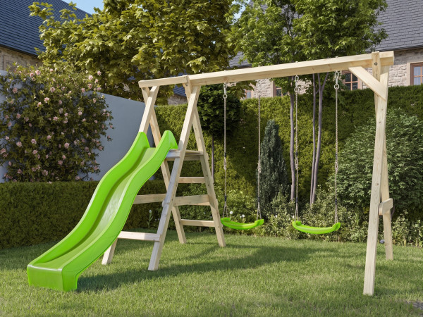 Dubbele schommel met platform Cosy Double KDI incl. glijbaan groen + 2 schommelzitjes groen