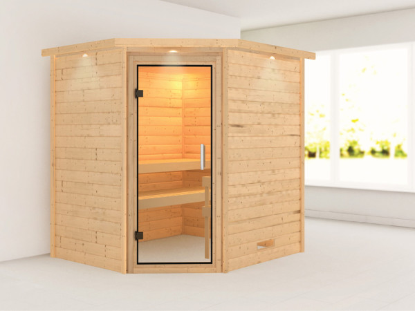 Massieve sauna Mia met dakkraag, transparent glazen deur