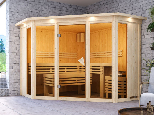 Sauna Alcinda met gebronsde glazen deur en dakkraag