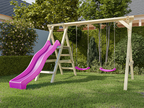 Dubbele schommel met platform Cosy Double KDI incl. glijbaan roze + 2 schommelzitjes roze