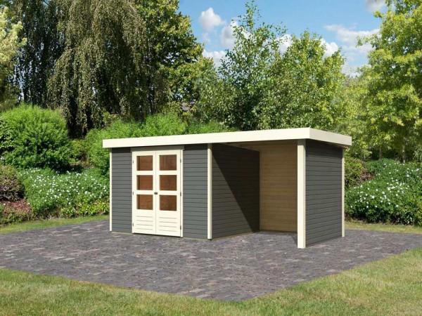 Tuinhuisje SET Askola 5 19 mm terra grijs, incl. 2,4 m aangebouwd dak + zij- en achterwand