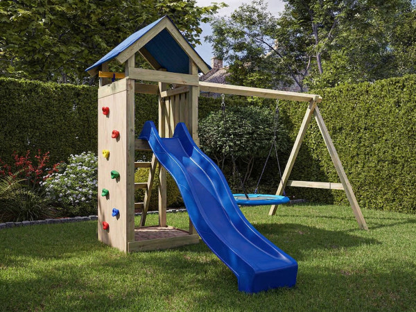 Geïmpregneerde speeltoren "Easy" incl. dubbele schommel, blauwe glijbaan en nestschommel