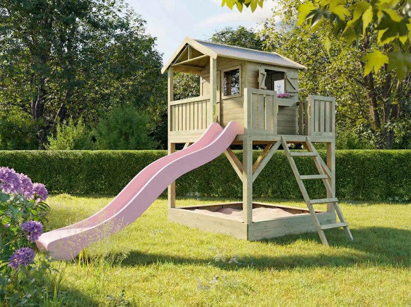 Geïmpregneerd houten speelhuisje op palen Funny XXL met zandbak incl. roze glijbaan