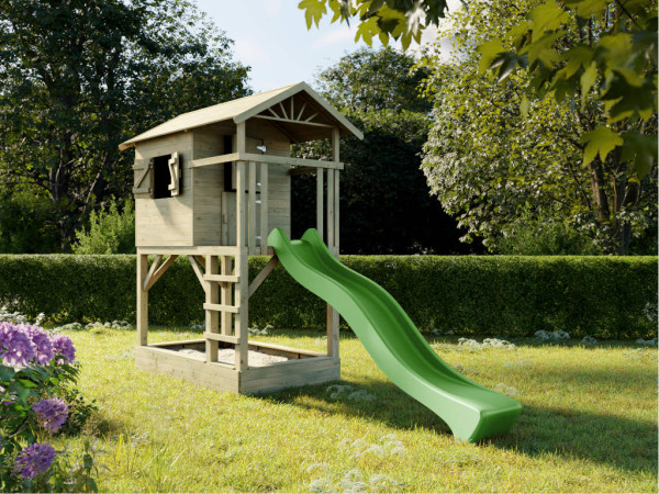 Geïmpregneerd speelhuisje op palen "Tree Hut" met zandbak incl. groene glijbaan