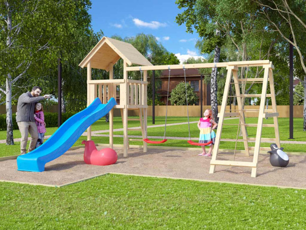 Speeltorenset Lotti naturel incl. glijbaan blauw, schommel en klimrek