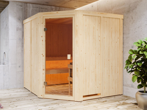 Saunasysteem sauna Celine 3 spaarset inclusief 9 kW saunakachel M90E Top Steel en bedieningsunit Xaf