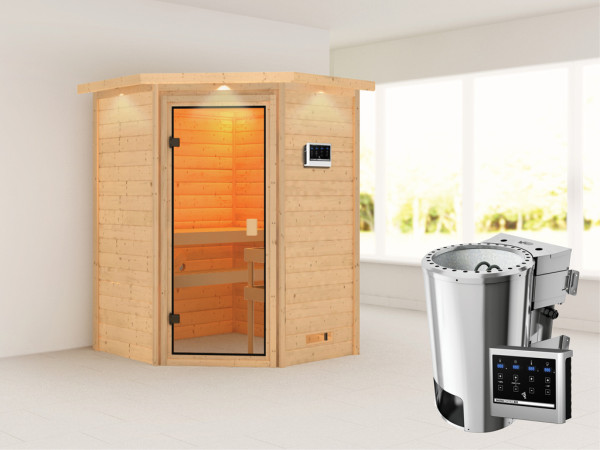 Sauna Antonia met gebronsde glazen deur en dakkraag + 3,6 kW Plug & Play Bio-kachel ext. besturing