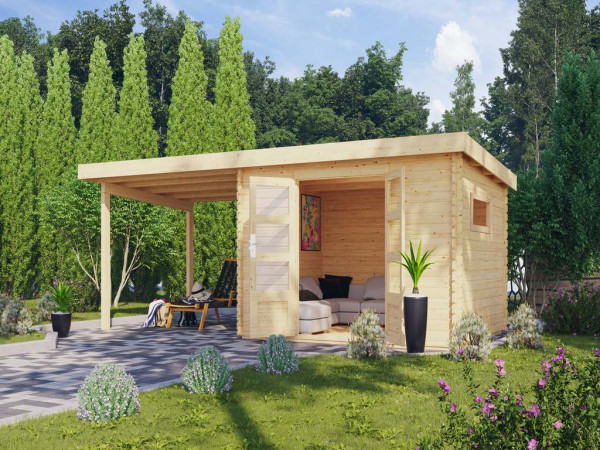Blokhut tuinhuis SET Trittau 5 38 mm natuurlijke afwerking, incl. 3 m aanbouwdak