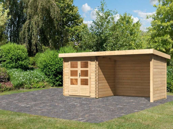 Blokhut tuinhuis SET Bastrup 2 28mm natuurlijke afwerking, incl. 3m aangebouwd dak + zij-/achterwand