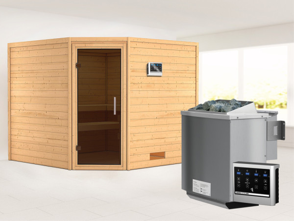 Massieve sauna Leona grafiet glazen deur + 9 kW Bio-Combi-kachel met ext. besturing