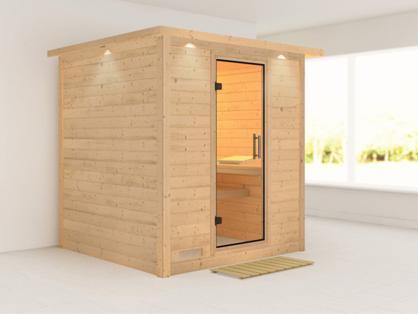 Massieve sauna Mojave met dakkraag, transparent glazen deur