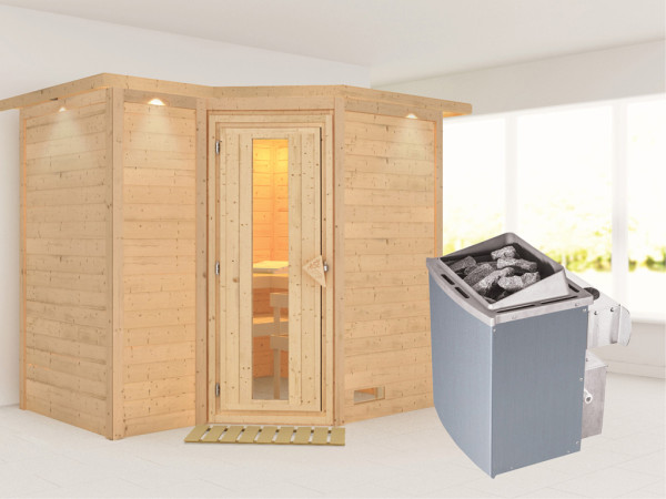 Massieve sauna Sahib 2 met dakkraag, houten deur met geïsoleerd glas, incl.9kW kachel int. besturing