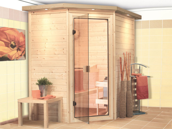 Massieve sauna Svea met dakkraag, kompleet transparente gebronsde glazen deur