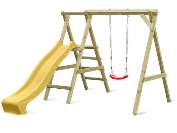 Enkele schommel met platform Cosy Single KDI incl. glijbaan geel, schommelzitje rood