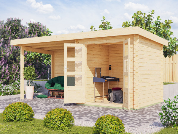 Tuinhuisje SET Bastrup 2 28 mm blokhut, natuurlijke afwerking, incl. 3 m aanbouwdak + achterwand