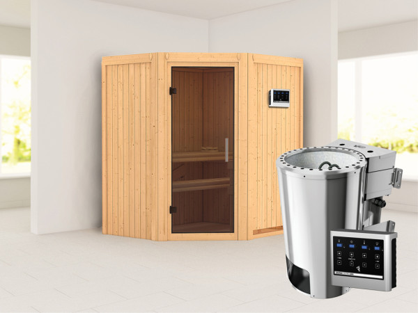 Systeemsauna Tonja grafiet glazen deur + Plug & Play Bio-kachel met ext. besturing