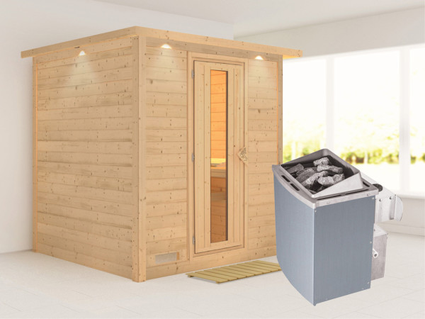 Massieve sauna Mojave met dakkraag, houten deur met geïsoleerd glas, incl. 9kW kachel int. besturing