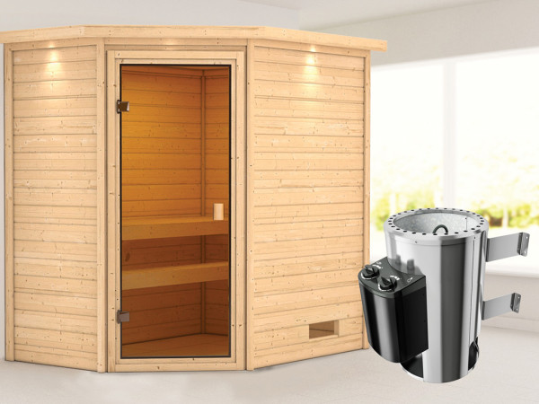 Sauna Jella met gebronsde glazen deur en dakkraag + 3,6 kW Plug & Play saunakachel int. besturing