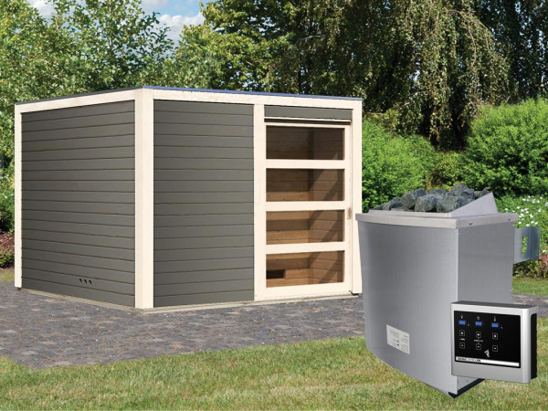 Saunahuis Cuben 38 mm terragrijs incl. 9 kW saunakachel ext. besturing