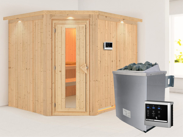 Systeemsauna Malin met dakkraag houten deur met geïsoleerd glas incl. 9kW saunakachel ext. besturing