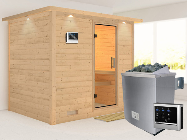 Massieve sauna Sonara met dakkraag, transparent glazen deur + 9 kW saunakachel met ext. besturing