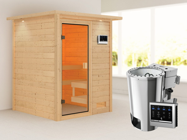 Sauna Sandra met gebronsde glazen deur en dakkraag + 3,6 kW Plug & Play Bio-kachel ext. besturing