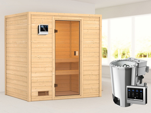 Sauna Selena met gebronsde glazen deur + 3,6 kW Plug & Play Bio-kachel ext. besturing