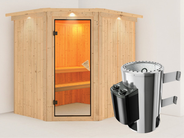 Systeemsauna Plug & Play Lilja met dakkraag, incl. 3,6 kW saunakachel int. besturing