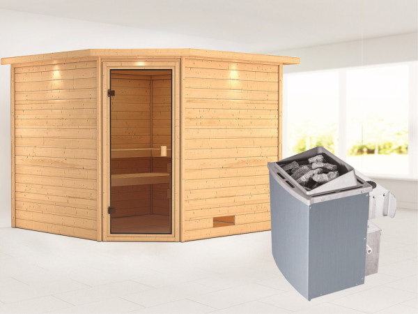 Massieve sauna Leona met dakkraag, kompleet transparente gebronsde glazen deur + 9kW saunakachel