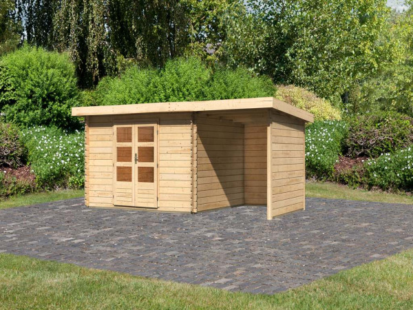 Tuinhuisje blokhut SET Bastrup 7 28mm natuurlijke afwerking, incl. 2 m lessenaarsdak+zij-/achterwand