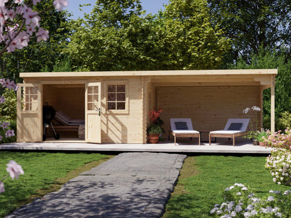 Tuinhuis blokhut CA2988 28 mm onbehandeld met 4 m aanbouw